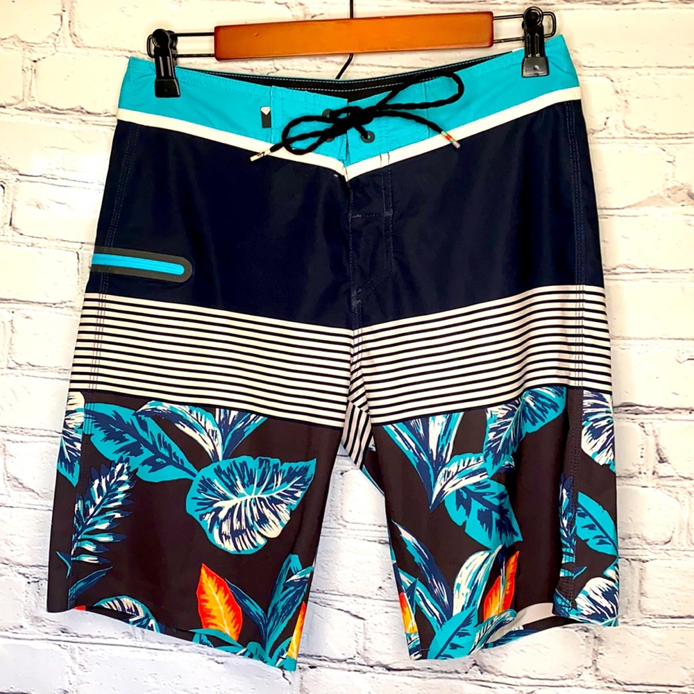 Quiksilver Blue Striped Floral Board Shorts Size 28